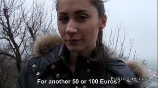 Euro brunette flashing in public for cash