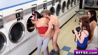 Naughty babes hot group fuck at the laundry