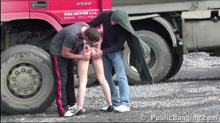 Young blonde pretty girls PUBLIC sex threesome at a construction site