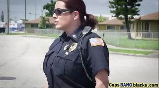 Busty policewomen abusing black stud outdoors