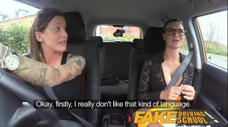 Fake Driving School Sexy strap on fun for new big tits driver