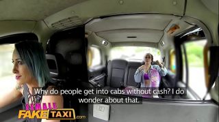 Female Fake Taxi Lesbian tight pussy fuck with a strap on dildo