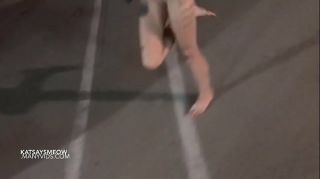 Drunk girl flashing and fingering in public parking garage