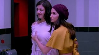 (Edit zoom slow motion) Indian actress Kajal Aggarwal hot bouncing boobs pressed by Elli AvrRam in Paris Paris   Shibani Dandekar big bending cleavage