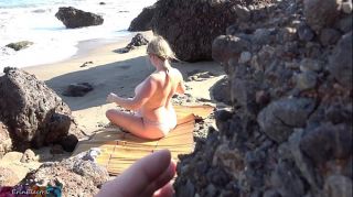 Peeping voyeur fucks blonde MILF on the beach