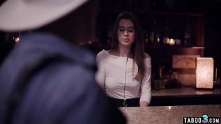Aggressive skinny teen waitress Jill Kassidy seduces unsuspecting married boss