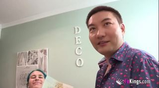 He drills his blue-haired teen gf while a Chinese dude watches it