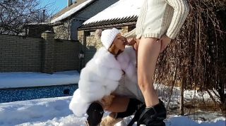 Hot fuck in the cold snow: blowjob, reverse cowgirl, doggystyle and pussy creampie in the fur coat
