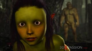 Horny female goblin Arwen and green monster Ogre in the enchanted forest