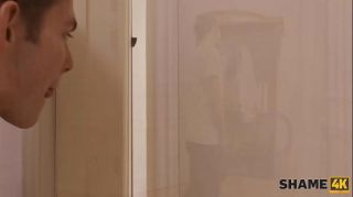 SHAME4K. Perv jerks off peeping on MILF in bathroom and she catches him