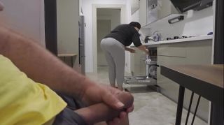 Stepmom caught me jerking off while watching her big ass in the Kitchen.